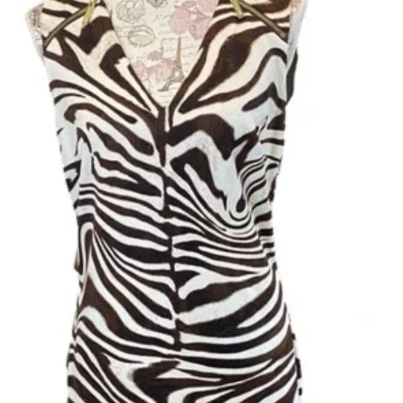 Michael Kors Chocolate Zebra Print Zip Sleeveless V-neck Dress Size Medium - Picture 3 of 6